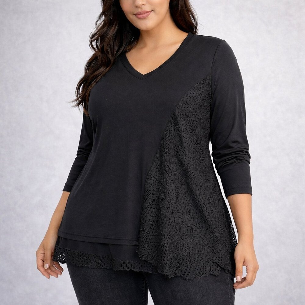 Style & Co Lace Overlay Tunic V-Neck Long Sleeve Black Large